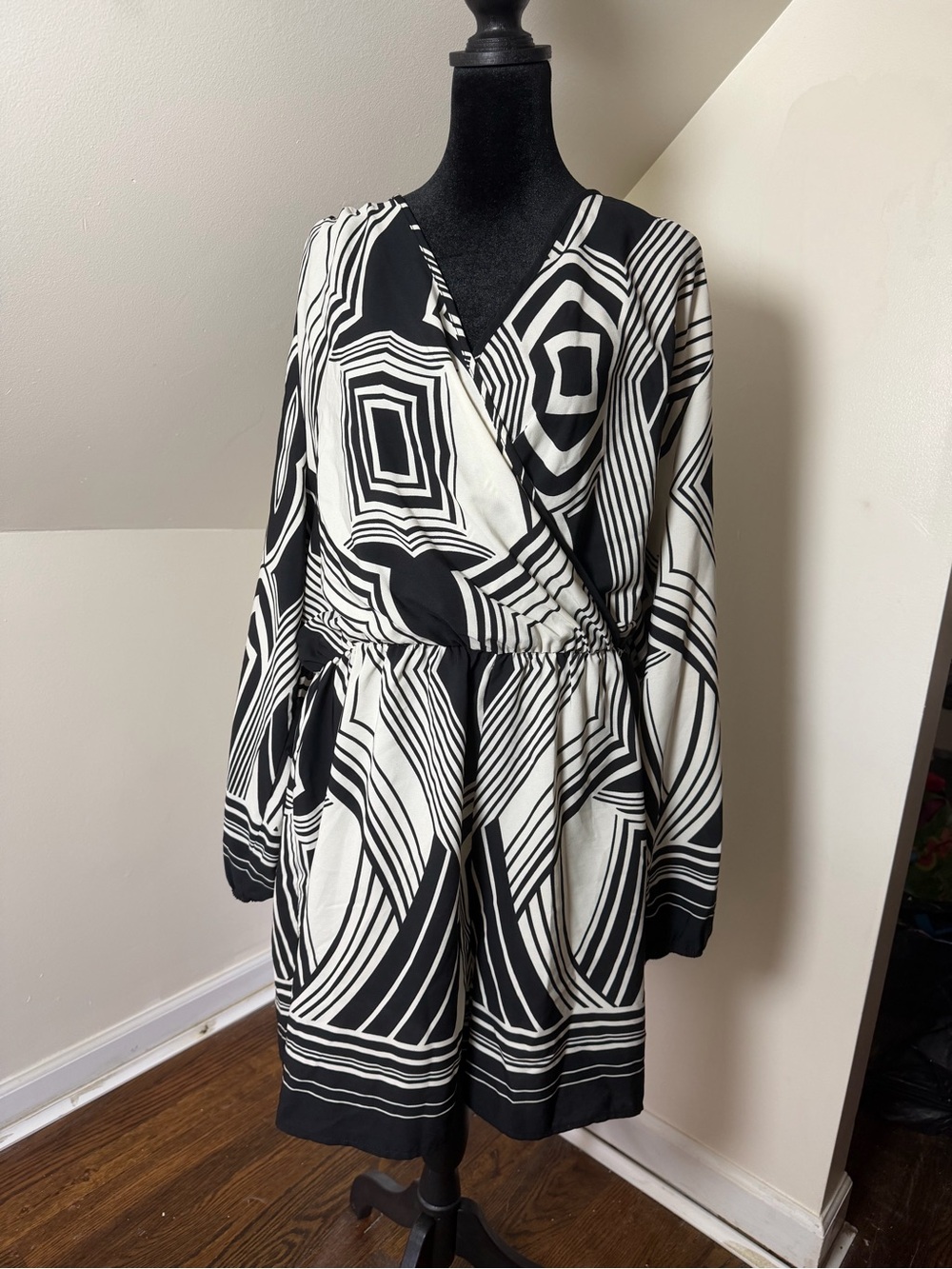 Fashion to Figure Black and White Geometric Wrap Romper